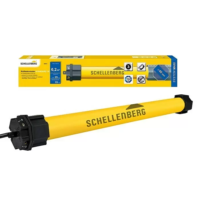 Schellenberg Motor tubular Maxi Standard - Superficie de persiana enrollable máx.: 6,2 m² para persianas de plástico, Longitud de instalación: 500 mm, Fuerza de tracción: 25 kg - Motor tubular amarillo Schellenberg con tapas negras y su embalaje de producto amarillo y azul.