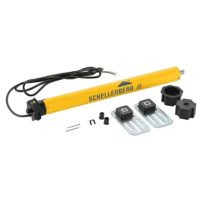Schellenberg Motor tubular Maxi Plus - Superficie de persiana enrollable máx.: 8,5 m² para persianas de plástico, Longitud de instalación: 555 mm, Fuerza de tracción: 34 kg - Motor tubular amarillo para persianas enrollables con cable y varios accesorios de montaje negros y plateados, incluidos soportes y adaptadores.