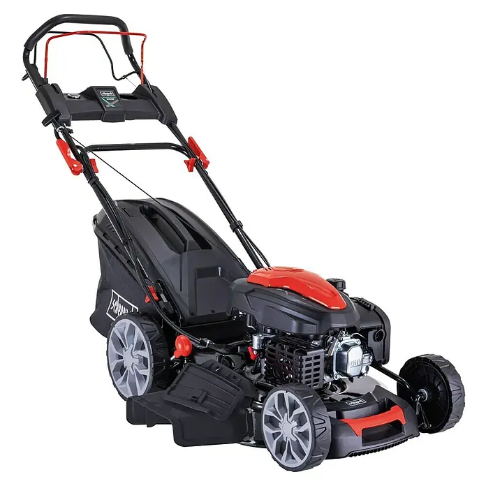 Scheppach Benzin-Rasenmäher PML56-225ES - 224 cm³, Schnittbreite: 56 cm, Hybrid-Start: Elektrostart & Seilzugstarter - Hier ist ein Rasenmäher mit einem schwarzen Gehäuse und roten Akzenten, der sich perfekt für die Rasenpflege eignet.