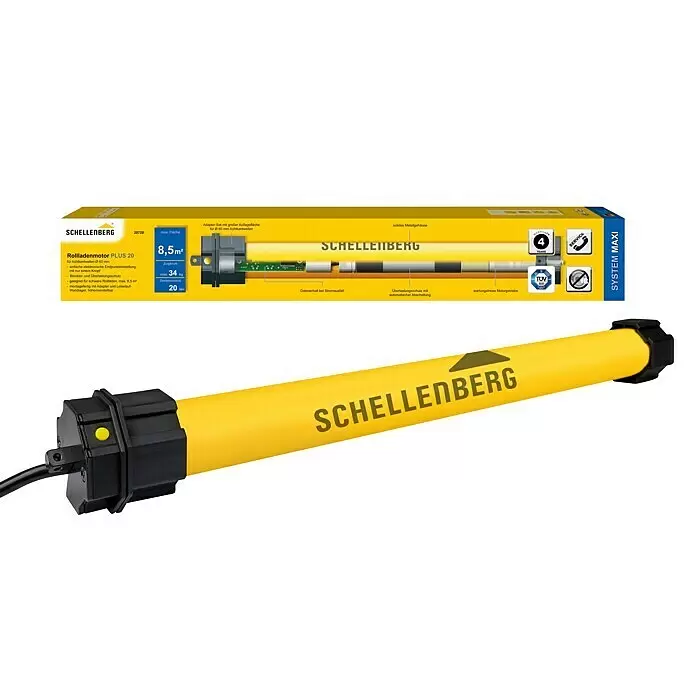 Schellenberg Motor tubular Maxi Plus - Superficie de persiana enrollable máx.: 8,5 m² para persianas de plástico, Longitud de instalación: 555 mm, Fuerza de tracción: 34 kg - Motor tubular amarillo Schellenberg PLUS 20 y su embalaje, para automatizar persianas.