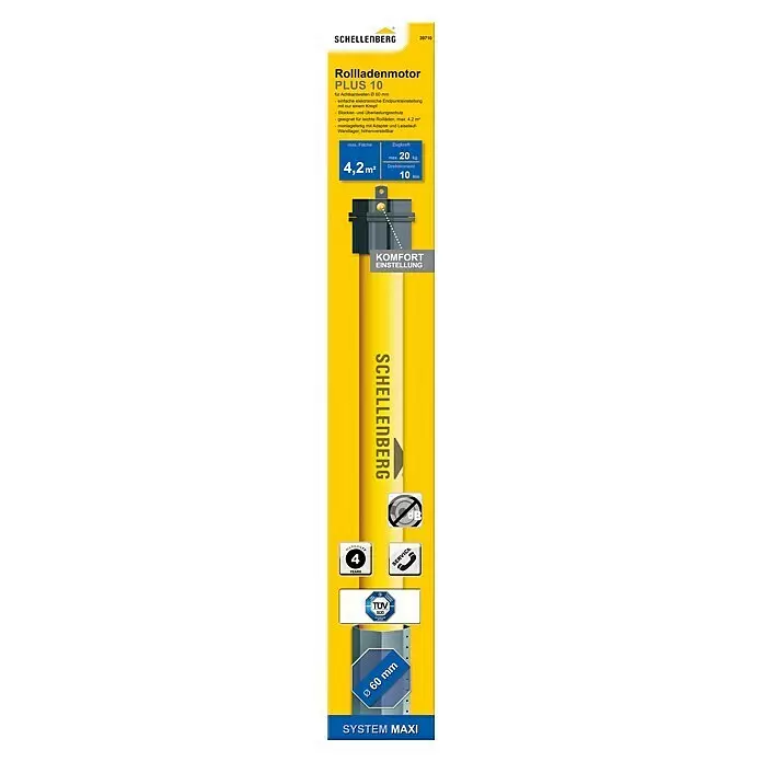 Schellenberg Motor tubular Maxi Plus - Superficie de persiana enrollable máx.: 4,2 m² para persianas de plástico, Longitud de instalación: 555 mm, Fuerza de tracción: 20 kg - Motor de persiana Schellenberg PLUS 10, amarillo y gris, con 10 Nm de par para ejes octogonales de 60mm.