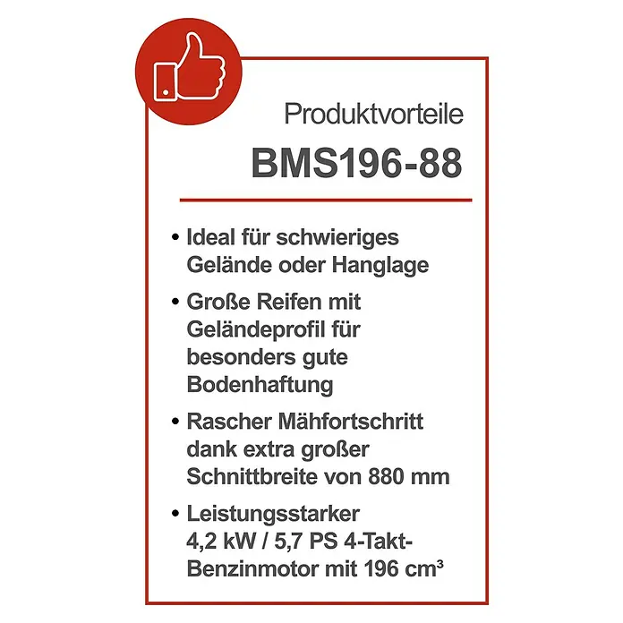 Scheppach Frontbalkenmäher BMS196-88 -  - Produktvorteile des BMS196-88: Ideal für schwieriges Gelände, große Reifen, rascher Mähfortschritt und leistungsstarker Benzinmotor.