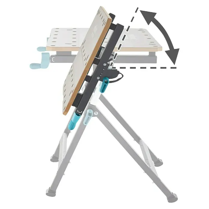 Wolfcraft Master Werkbank - L x B: 720 x 650 mm, Arbeitshöhe: 950 mm, Belastbarkeit: 120 kg - Abbildung einer kippbaren Werkbank mit einer Pfeilgrafik, die die Neigungsfunktion darstellt.