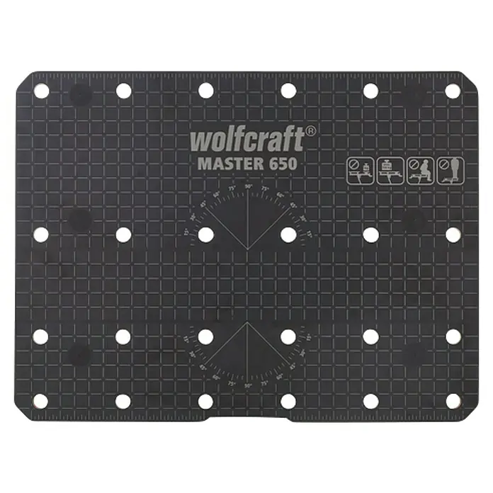 Wolfcraft Master Werkbank - L x B: 720 x 650 mm, Arbeitshöhe: 950 mm, Belastbarkeit: 120 kg - Wolfcraft Master 650 Werktischplatte mit Raster, Winkelskala & Piktogrammen für vielseitige Anwendungen.