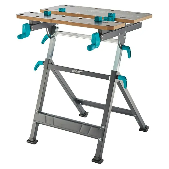 Wolfcraft Master Werkbank - L x B: 720 x 650 mm, Arbeitshöhe: 950 mm, Belastbarkeit: 120 kg - Eine Wolfcraft Werkbank mit grauem Gestell, braunen Spannbacken und türkisfarbenen Bedienelementen. Ideal für Heimwerkerarbeiten.