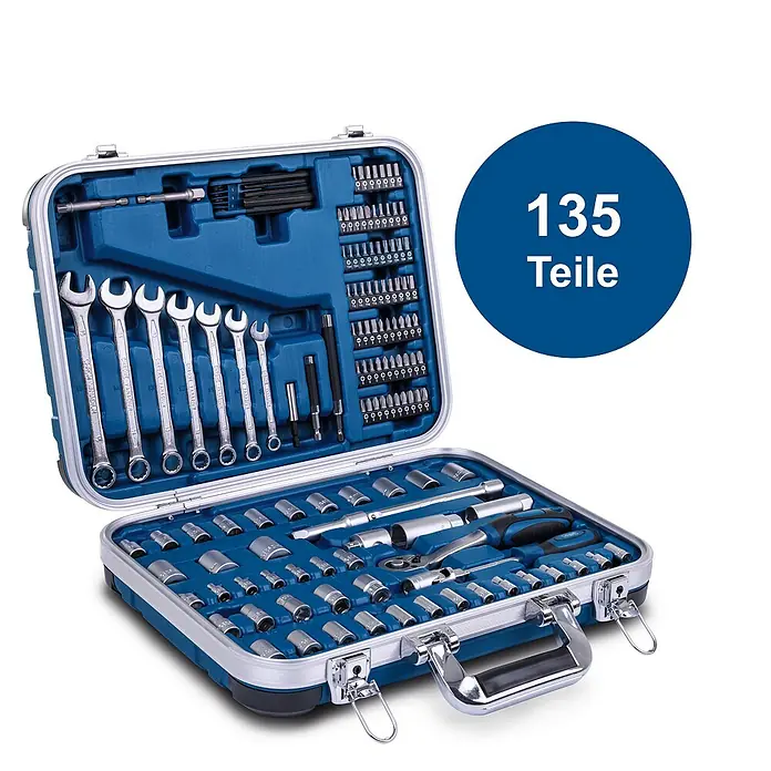 Scheppach Werkzeugkoffer TB170 - L x B x H: 40 x 31 x 10 cm, 135 -tlg. - Werkzeugkoffer mit 135 Teilen. Der Koffer ist blau und silber und enthält eine Vielzahl von Werkzeugen.