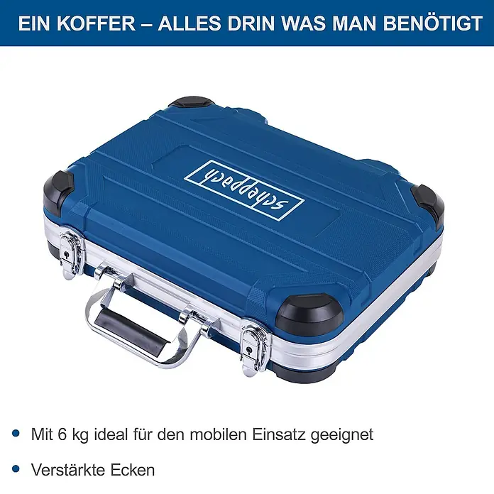 Scheppach Werkzeugkoffer TB170 - L x B x H: 40 x 31 x 10 cm, 135 -tlg. - Blaue Werkzeugkiste von Scheppach mit verstärkten Ecken und einem Tragegriff für den einfachen Transport von Werkzeugen.