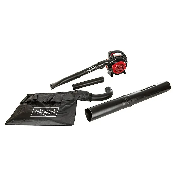 Scheppach Soplador/Aspirador de gasolina LBH3500P - 0,9 kW, Velocidad de soplado: 84 m/s, Potencia de soplado: 950 m³/h, Cilindrada: 25,4 cm³ - Soplador/aspirador de hojas Scheppach con accesorios: Una herramienta potente para el mantenimiento del jardín, con varios accesorios y una bolsa de recogida.