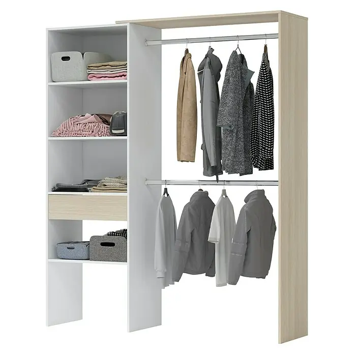 Armario para ropa Korex - L x An x Al: 40 x 158 x 187 cm, Blanco/Roble, Montaje reversible - Armario abierto con estantes y barras para colgar ropa, ideal para organizar ropa y accesorios.