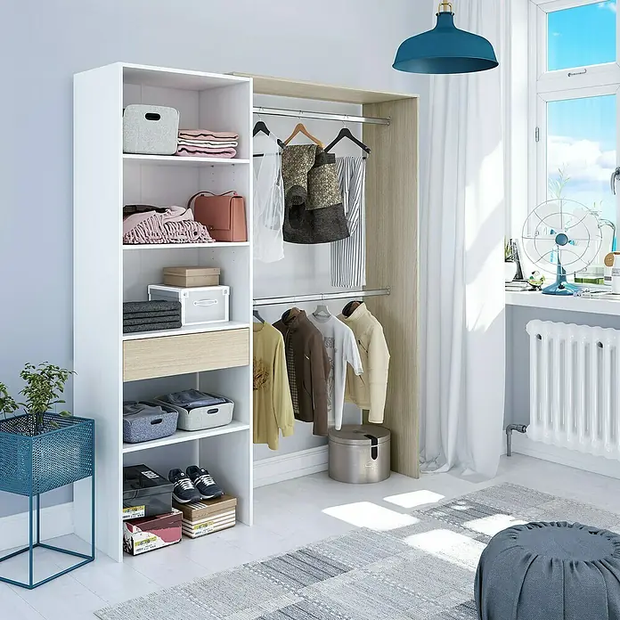 Armario para ropa Korex - L x An x Al: 40 x 158 x 187 cm, Blanco/Roble, Montaje reversible - Combinación de armario con estantes abiertos, cajón y barra para colgar ropa, que ofrece un amplio espacio de almacenamiento. Ideal para dormitorios.
