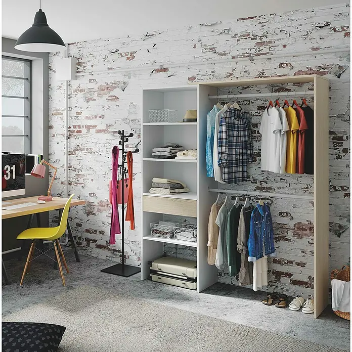Armario para ropa Korex - L x An x Al: 40 x 158 x 187 cm, Blanco/Roble, Montaje reversible - Combinación de armario abierto con estantes y barras para colgar, ideal para un dormitorio o vestidor moderno.