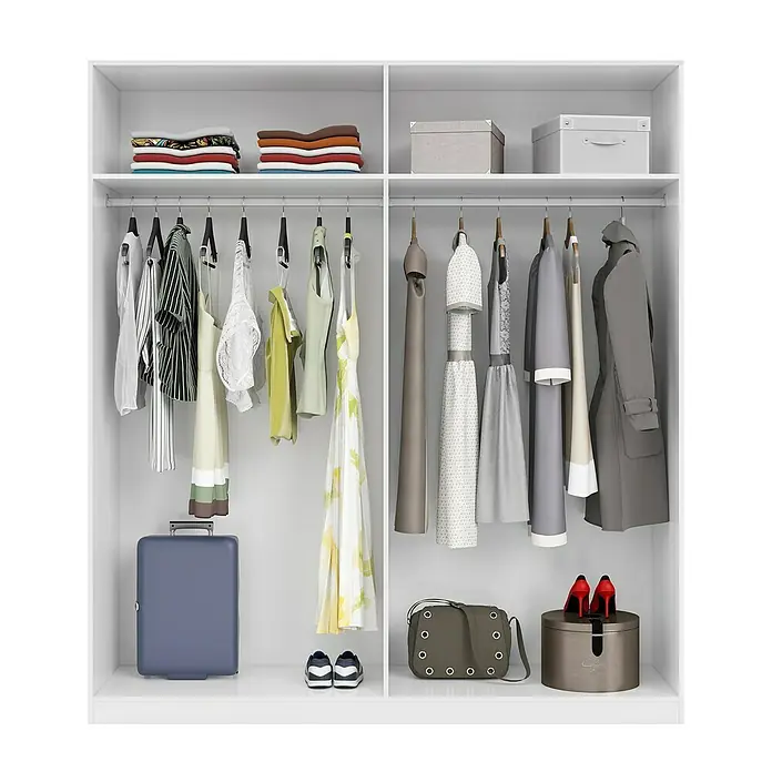 Armario para ropa Max - L x An x Al: 52 x 180 x 200 cm, Blanco, Número de puertas: 4 ud. - Imagen de un armario blanco con ropa, zapatos y accesorios bien organizados en su interior.