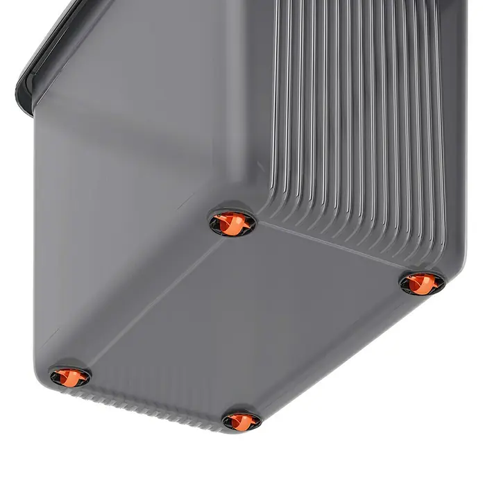 KIS Caja de almacenaje K-Latch - L x An x Al: 59 x 39 x 45 cm, Gris/Naranja - Un primer plano de la parte inferior de una jardinera gris con ruedas naranjas en cada esquina para facilitar su movilidad.