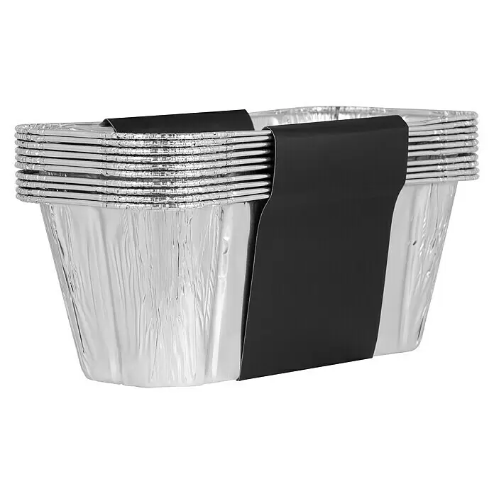 Blackstone Alu-Tropfschale - 10 Stk. - Stapel glänzender silberner Aluminium-Lebensmittelbehälter mit schwarzem Papierband.