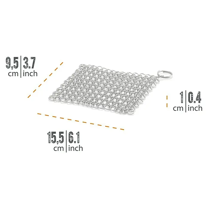 Petromax Grillreiniger Ringreiniger - 12,5 x 12,5 cm, Edelstahl - Detailaufnahme eines Topfreinigers aus Edelstahl mit Maßangaben, der robust und langlebig ist für eine effektive Reinigung von Kochgeschirr.