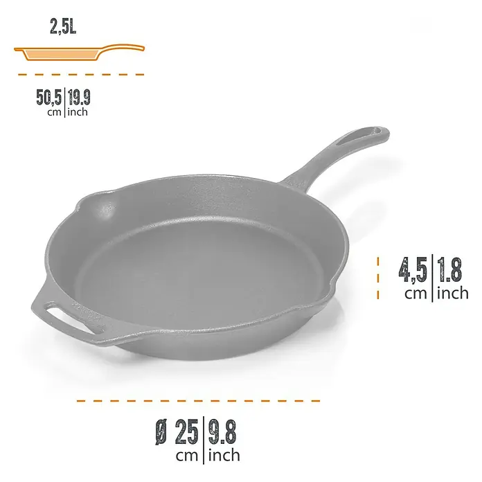 Petromax Grillpfanne - Ø x H: 30 x 4,5 cm, Gusseisen - Graue Bratpfanne aus Gusseisen mit Maßangaben in Zentimetern und Zoll, ideal für die Küche.