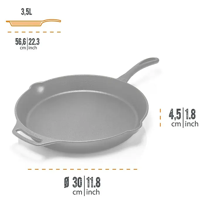 Petromax Grillpfanne - Ø x H: 35 x 4,5 cm, Gusseisen - Graue gusseiserne Bratpfanne mit Griff, Maße sind in cm und Zoll angegeben.