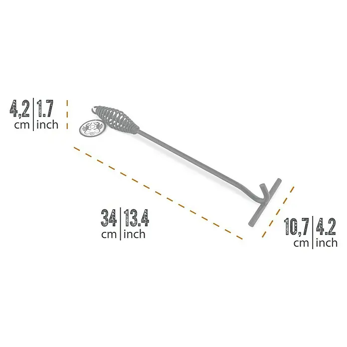 Petromax Deckelheber - Passend für: Dutch Oven Deckel, Länge: 34 cm - Ein schwarzer Glutverteiler mit spiralförmigem Griff und Abmessungen zur besseren Vorstellung.