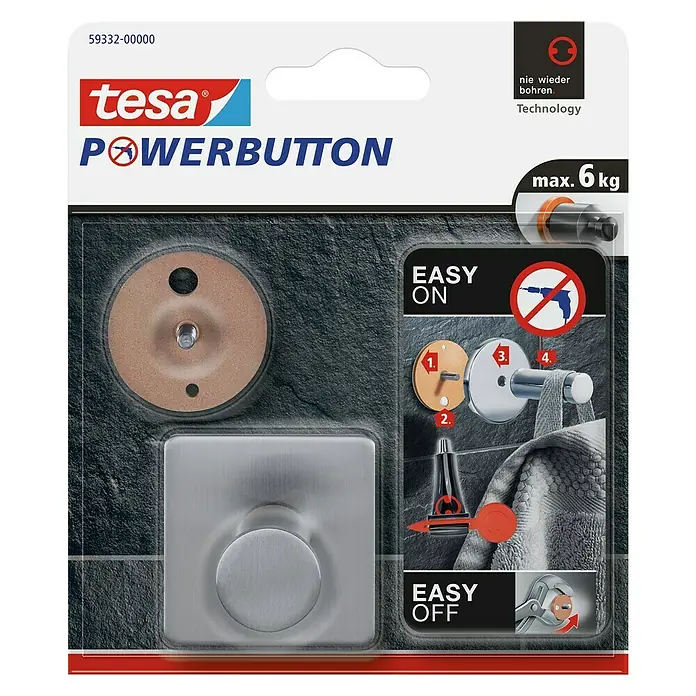 Tesa Powerbutton Wandhaken Classic - L x B x H: 3,6 x 4,5 x 4,5 cm, Edelstahl, Edelstahl - Das Tesa Powerbutton-Produkt ist eine innovative Lösung zur Befestigung von Gegenständen ohne Bohren. Es kann bis zu 6 kg tragen.