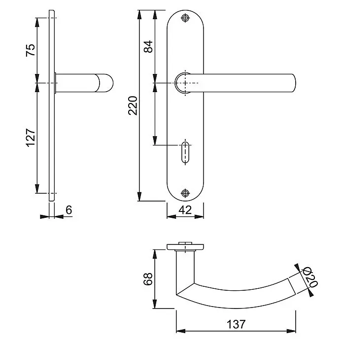 Hoppe Zimmertürgarnitur Narvik - Stärke Tür: 42 mm - 37 mm, Edelstahl, Buntbart - Technische Zeichnung eines Türdrückergarnitur mit Langschild, Hebel, Schlüsselschlitz und allen Maßen.