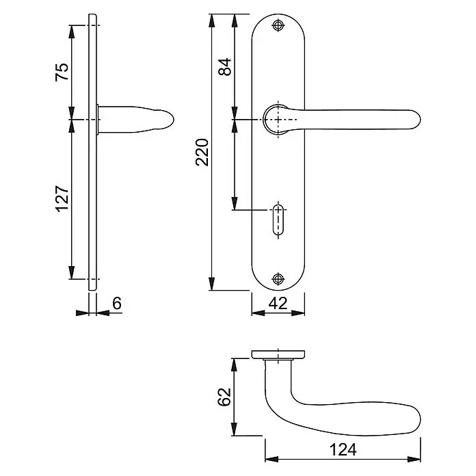 Hoppe Drückergarnitur Cardiff - Stärke Tür: 42 mm - 37 mm, Edelstahl, Buntbart, Form Schild: Oval - Technische Zeichnung eines Türdrückergarnitur mit rechteckiger Rosette und gebogenem Griff, mit mehreren Ansichten und Maßen.