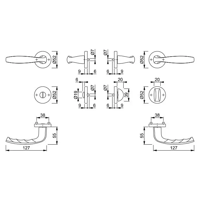 Hoppe Zimmertürgarnitur WC New York - Stärke Tür: 42 mm - 37 mm, Aluminium, Schwarz, Schlitzkopf/Olive - Technische Zeichnung eines Türgriff-Sets mit Drücker und Rosette, mit verschiedenen Ansichten und Maßen.