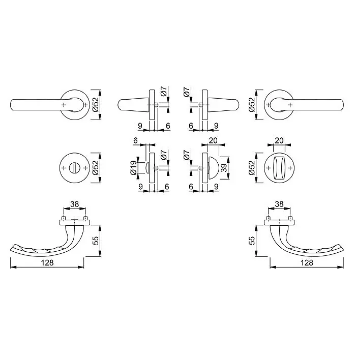Hoppe WC-Drückergarnitur WC Tokyo - Schlitzkopf/Olive, Aluminium, Rosette - Technische Zeichnung eines Türgriffsets mit Hebelgriff (128x55mm) und verschiedenen Rosettenoptionen (Ø52mm) mit Maßen.