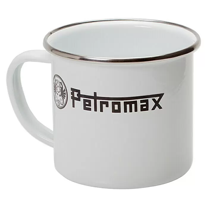 Petromax Tasse - 370 ml, Weiß - Weißer Emaillebecher mit silbernem Rand und schwarzem Petromax-Logo.