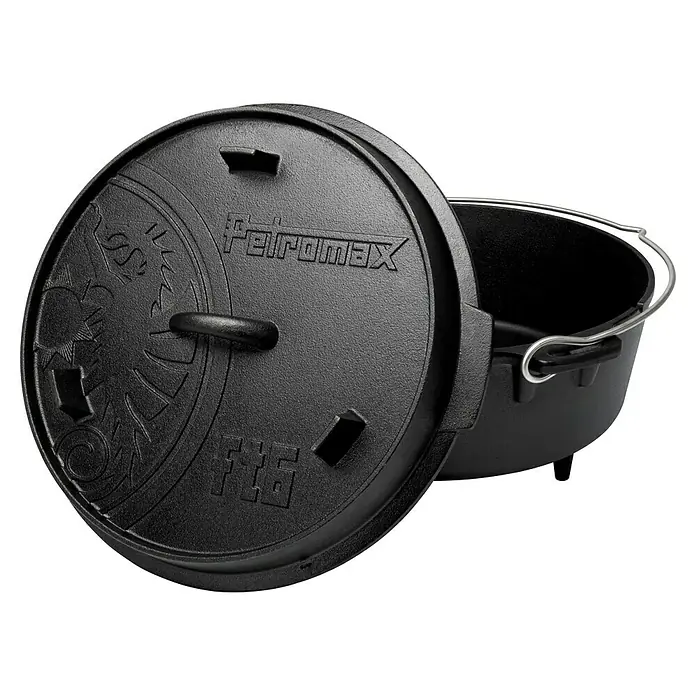 Petromax Dutch Oven - Ø x H: 36,4 x 20 cm, Gusseisen, 5,5 l, Mit Füßen - Petromax Feuertopf aus Gusseisen mit Deckel und Tragegriff. Ideal für Kochen im Freien.