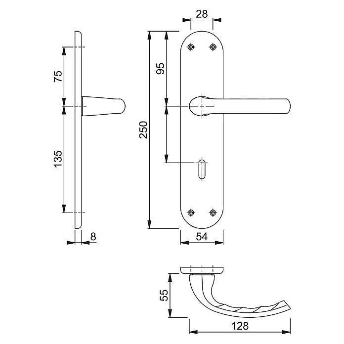 Hoppe Drückergarnitur Tokyo - Stärke Tür: 42 mm - 37 mm, Aluminium, Buntbart, Form Schild: Oval - Maßzeichnung eines Türdrücker-Sets aus Metall mit Griff und Langschildern.