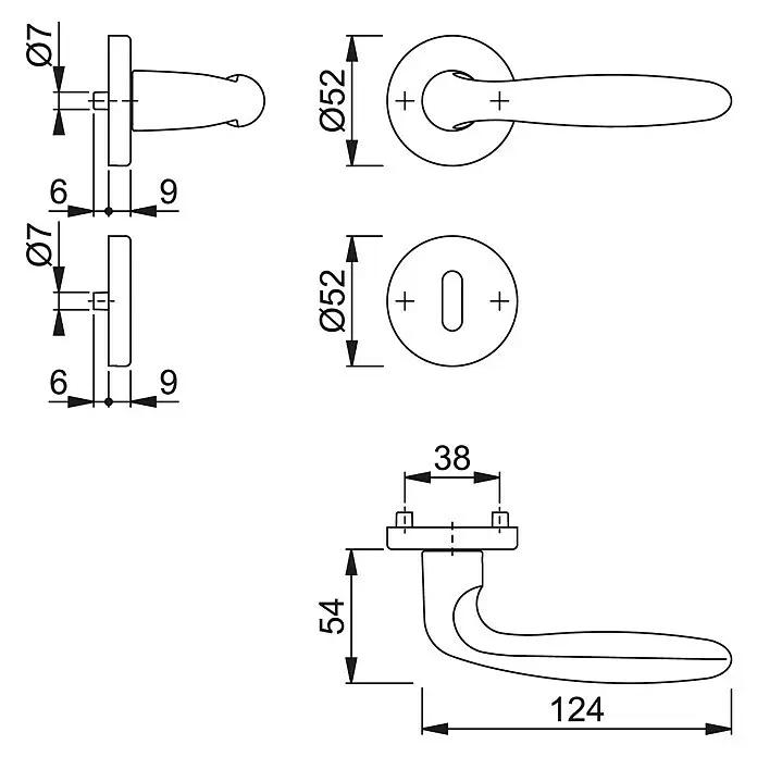 Hoppe Zimmertürgarnitur Verona - Stärke Tür: 42 mm - 37 mm, Aluminium, Buntbart - Technische Zeichnung eines Türdrücker-Sets mit Hebelgriff, runden Rosetten, Schlüsselloch-Rosette und einem kleinen festen Knopf, inklusive Maßen.