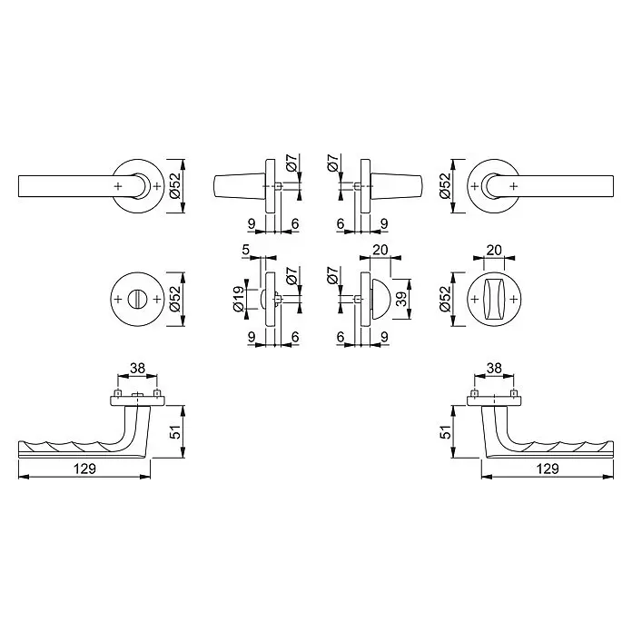 Hoppe Zimmertürgarnitur WC Hamburg - Stärke Tür: 42 mm - 37 mm, Aluminium, Silber, Schlitzkopf/Olive - Technische Zeichnung eines Türbeschlags-Sets mit Drücker, Knauf und Rosetten, inklusive Maßen.