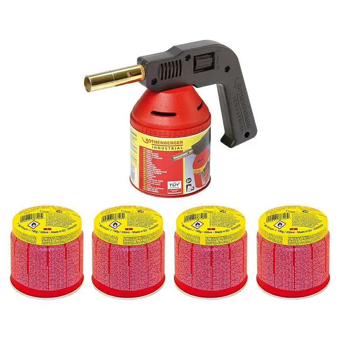Rothenberger Industrial Lötlampen-Set - 5 -tlg., Höchsttemperatur: 650 °C - Ein Rothenberger Industrial Lötbrenner-Set mit vier Gaskartuschen, ideal für professionelle Löt- und Schweißarbeiten in Industrie und Handwerk.