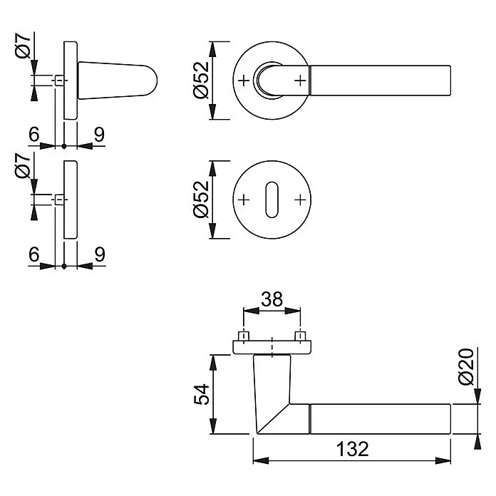 Hoppe Zimmertürgarnitur Lecce - Stärke Tür: 42 mm - 37 mm, Aluminium, Buntbart - Technische Zeichnung eines Türbeschlags-Sets, bestehend aus einem Türdrücker und einer Schlüsselrosette, mit detaillierten Maßen.