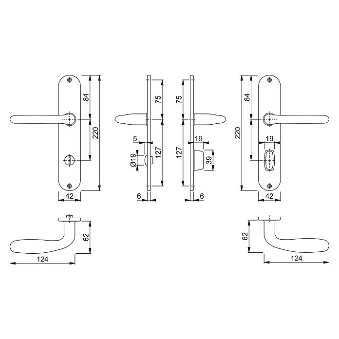 Hoppe Drückergarnitur WC Cardiff - Stärke Tür: 42 mm - 37 mm, Edelstahl, Schlitzkopf/Olive, Form Schild: Oval - Technische Zeichnung eines Türgriffsets mit Hebel und Langschildern für Schlüssel und WC-Verriegelung, bemaßt.