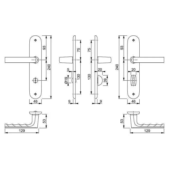 Hoppe Zimmertürgarnitur WC Hamburg - Stärke Tür: 42 mm - 37 mm, Aluminium, Schlitzkopf/Olive - Technische Zeichnung einer Türdrückergarnitur mit Langschild, mit Maßen in Vorder-, Seiten- und Unteransicht.