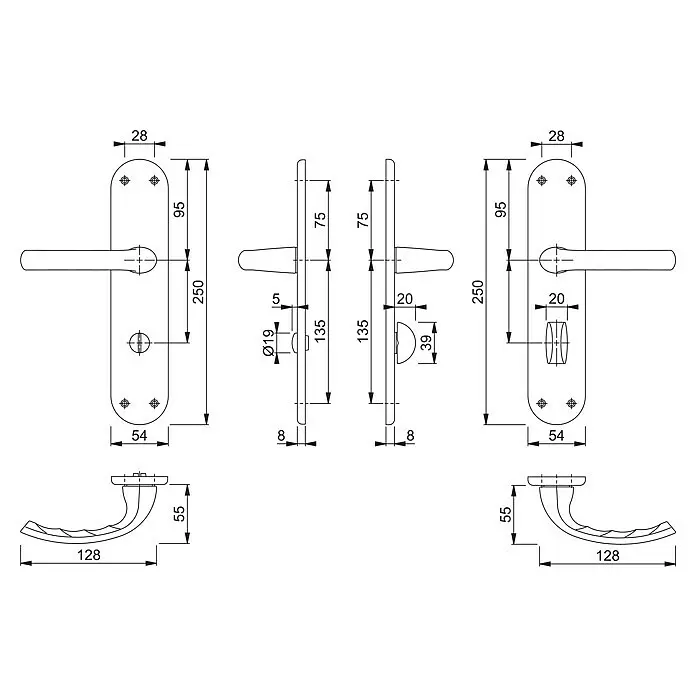 Hoppe WC-Drückergarnitur WC Tokyo - Schlitzkopf/Olive, Aluminium, Langschild - Technische Zeichnung eines Türdrücker-Sets mit Langschildern, verschiedene Ansichten und Maße.