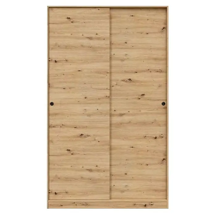 Armario de puertas correderas Top - L x An x Al: 50 x 120 x 200 cm, Roble Nodi - Armario de puertas correderas de madera clara con dos puertas y tiradores negros para un dormitorio elegante.