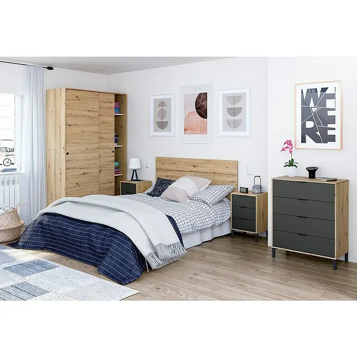 Armario de puertas correderas Top - L x An x Al: 50 x 120 x 200 cm, Roble Nodi - El dormitorio exhibe un armario y una cómoda con aspecto de madera, creando un ambiente cálido y moderno. Perfecto para un almacenamiento elegante.