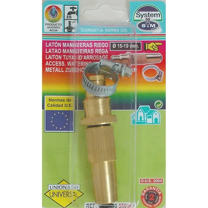 Boquilla regulable - Latón - La imagen muestra un conector de manguera de jardín de latón con una abrazadera, presentado en un envase de plástico transparente.