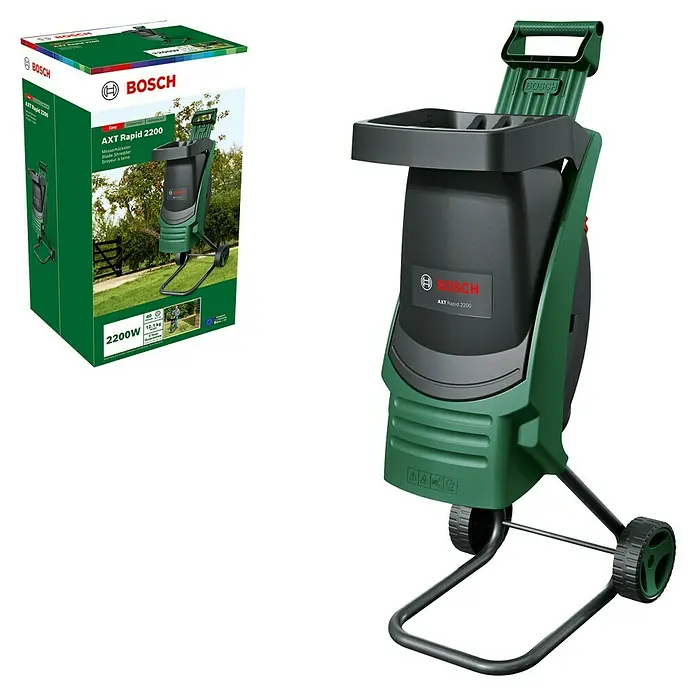Bosch Elektro-Häcksler AXT RAPID 2200 - Max. Aststärke: 4 cm, 2.200 W - Abbildung eines Bosch AXT Rapid 2200 Häckslers und dessen Verpackung. Der Häcksler ist grün, schwarz und steht auf einem schwarzen Gestell.