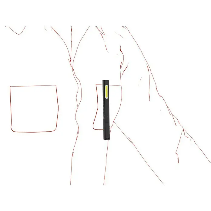 Ledlenser LED-Arbeitsleuchte W2 Work - L x B x H: 176 x 24 x 17 mm, Batteriebetrieben - Ein schlanker, schwarzer LED-Stablampe, ideal für Inspektionen und Reparaturen, hängt an einer weißen Arbeitskleidung mit roten Konturen.