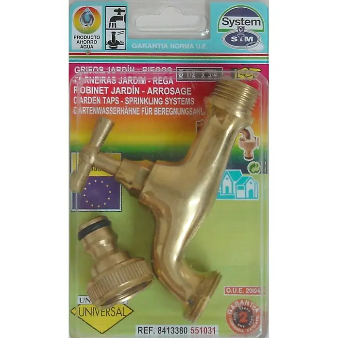 Grifo de descarga - ½″ - Imagen de un grifo de jardín con un conector universal, empaquetado para la venta.