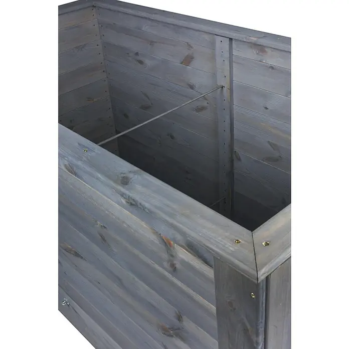 Hochbeet Cardus - 150 x 79 x 76 cm, Holz - Detailaufnahme eines grauen, hölzernen Hochbeets mit Innenstütze, das rustikalen Charme für jeden Garten bietet.