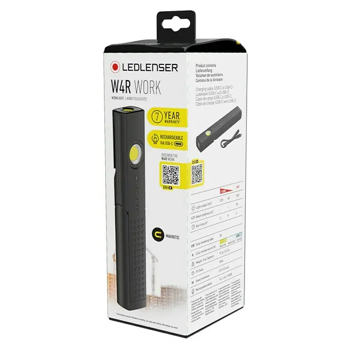 Ledlenser LED-Arbeitsleuchte W4R Work - L x B x H: 163 x 28 x 20 mm, Akkubetrieben - Abbildung des LEDLENSER W4R WORK Strahlers, einer Arbeitsleuchte mit 7 Jahren Garantie, aufladbar über USB-C und magnetisch.