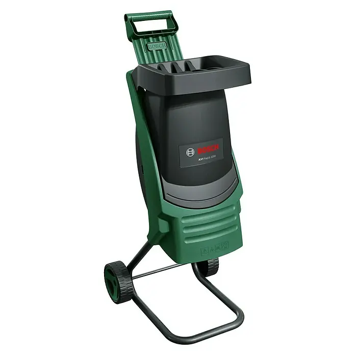 Bosch Elektro-Häcksler AXT RAPID 2200 - Max. Aststärke: 4 cm, 2.200 W - Ein grüner Bosch AXT Rapid 2200 Gartenhäcksler steht auf einem schwarzen Hintergrund und ist ein nützliches Werkzeug für die Gartenarbeit.