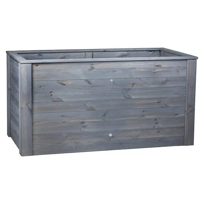 Hochbeet Cardus - 150 x 79 x 76 cm, Holz - Ein detailreicher Blick auf einen rechteckigen, grauen Pflanzkasten aus Holz, ideal für Garten oder Terrasse. Die Holzmaserung ist deutlich sichtbar.