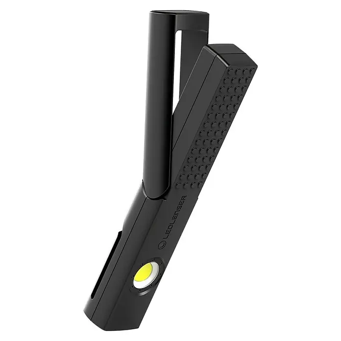 Ledlenser LED-Arbeitsleuchte W4R Work - L x B x H: 163 x 28 x 20 mm, Akkubetrieben - Das Bild zeigt eine Ledlenser Arbeitsleuchte, ideal für Werkstattarbeiten. Sie ist schwarz und hat einen verstellbaren Leuchtkopf für flexibles Arbeiten.