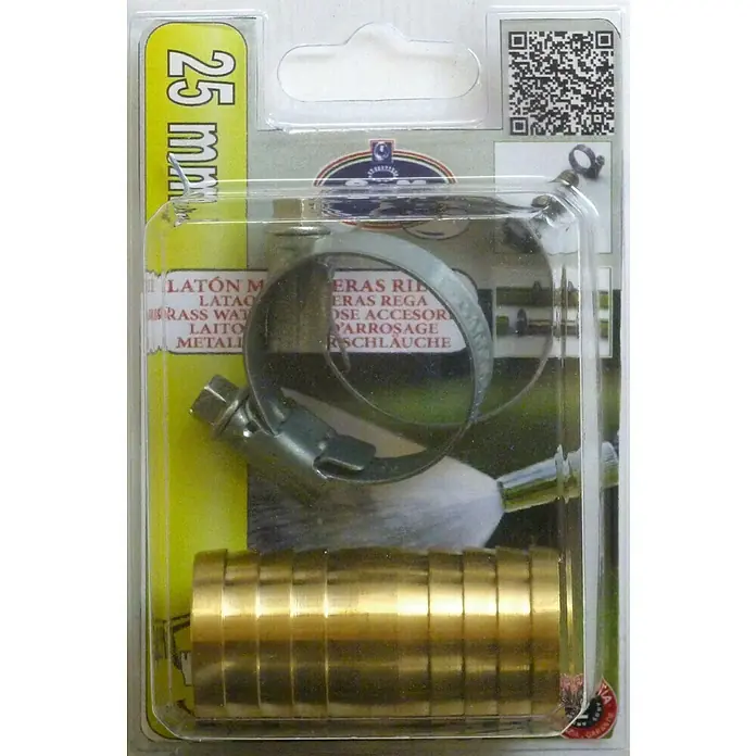 Reparador de manguera - 25 mm, Latón - Imagen de un juego de conectores de manguera de 25 mm en un embalaje transparente.