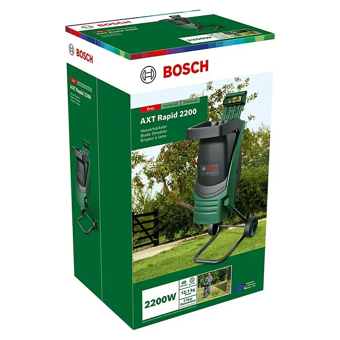Bosch Elektro-Häcksler AXT RAPID 2200 - Max. Aststärke: 4 cm, 2.200 W - Verpackung des Bosch AXT Rapid 2200 Messershäckslers, der für müheloses Zerkleinern von Gartenabfällen sorgt.